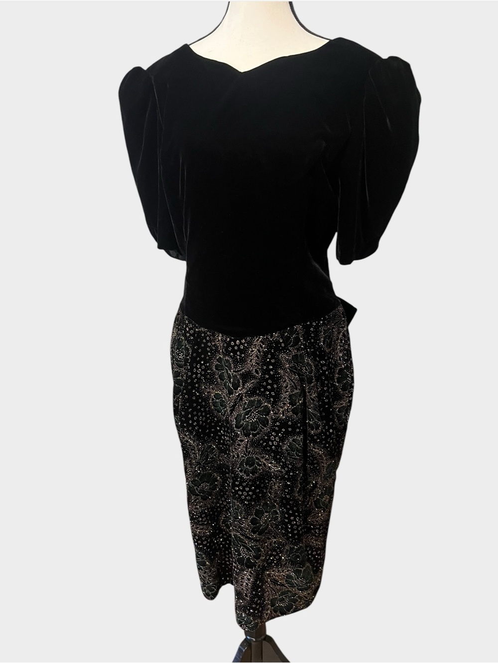 Vintage 80s Black and Green Scott McClintock Black Velvet Bow Dress Size 14
